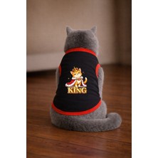 Petite Pati Siyah King Cat Baskili Kedi Tshirt Kedi Kiyafeti (%100 Pamuk Penye)