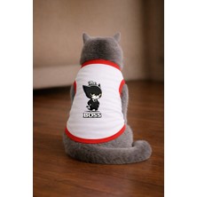 Petite Pati Beyaz Boss Cat Baskili Kedi Tshirt Kedi Kiyafeti (%100 Pamuk Penye)