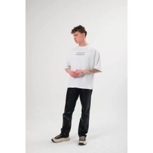 Stores36 Unisex Bisiklet Yaka Baskılı Oversize T-Shirt - Beyaz