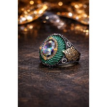 Siset Gümüş 925 Ayar Yeşil  Kehribar  Üzerinde Mistik Topaz Taşlı  Erkek  Gümüş  Yüzük