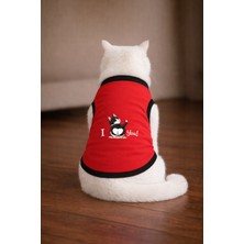 Petite Pati Kırmızı Love U Siyah Baskili Kedi Tshirt Kedi Kiyafeti (%100 Pamuk Penye)