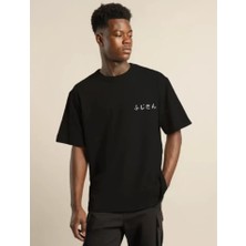 Stores36 Unisex Bisiklet Yaka Baskılı Oversize T-Shirt - Siyah