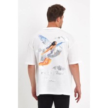 Stores36 Erkek Melek Baskılı Oversize T-Shirt - Beyaz