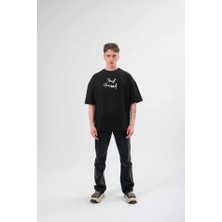 Stores36 Unisex Bisiklet Yaka Baskılı Oversize T-Shirt - Siyah