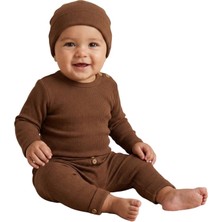 One Baby Kahverengi Şapkalı Fitilli Bebek Takımı Alt Üst  0-24 Ay