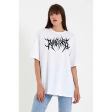 Stores36 Unisex Bisiklet Yaka Baskılı Oversize T-Shirt - Beyaz
