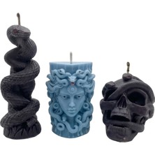 Anima Glow Heykel Figürlü Mistik Mum Seti – Cold Myth | 3’lü Medusa Yılan Kurukafa, Mora Mora Kokulu