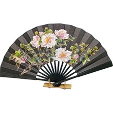 Dünyadan Hediyeler Çin Bambu Keten Kumaş Yelpaze 01BSA Siyah Büyük Boy 60CM No.1s