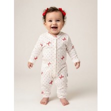 Polifoni Bebe Kırmızı Fiyonk Desenli Puantiyeli Kız Bebek Tulum Uzun Kollu Çıtçıtlı 0-24 Ay