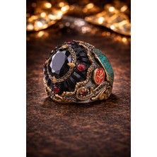 Siset Gümüş 925 Ayar Siyah  Kehribar   Üzerinde Siyah  Zirkon  Taşlı  Erkek Gümüş  Yüzük