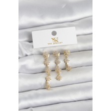 HERŞEYBURDAMODA Pirinç Gold Renk Sıralı Kutup Yıldızı Model 3'lü Kadın Küpe