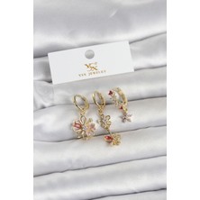 HERŞEYBURDAMODA Pirinç Gold Renk Çiçek Model 3'lü Kadın Küpe
