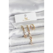 Tegan Pirinç Gold Renk Pembe Zirkon Taşlı 3'lü Kadın Küpe TG27BKP11707