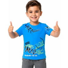 NZC Kids Erkek Çocuk Grafitti Yazı Desenli Gabardin Şortlu Mavi Renk İkili Takım