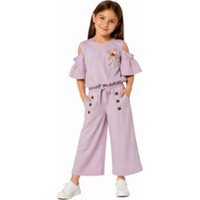 Selfie Kids Kız Çocuk Düğmeli Omuz Detaylı Badi Geniş Paça Kaprili Pudra Renk İkili Takım