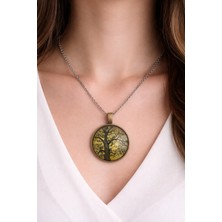 Herşey Nota Hayat Ağacı Desenli Yuvarlak Kolye Gümüş Zincir 60 cm Unisex Metal