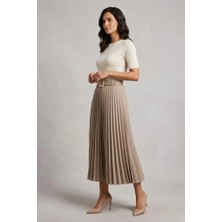 Rosa By Belle Kadın Bej Pileli Midi Etek Kemer Detaylı