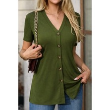 Bi Baksana Kadın Kısa Kollu V Yakalı Önü Düğmeli Viskon Bluz