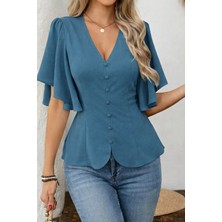 Runique Home Runiquehome Kadın Kısa Kollu Önden Düğmeli Ithal Krep Bluz