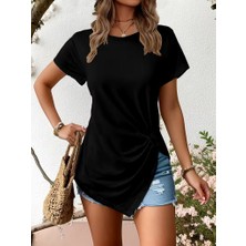 Arben Boutique Kadın Kısa Kollu Bisiklet Yaka Asimetrik Kesim Detaylı Viskon Bluz