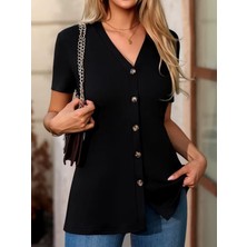 Emh Store Kadın Kısa Kollu V Yakalı Önü Düğmeli Viskon Bluz