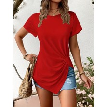 Arben Boutique Kadın Kısa Kollu Bisiklet Yaka Asimetrik Kesim Detaylı Viskon Bluz