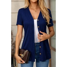 Arben Boutique Kadın Kısa Kollu V Yakalı Önü Düğmeli Viskon Bluz