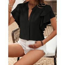 Bi Baksana Kadın Kısa Kollu V Hakim Yaka Kolları Fırfırlı Dubai Bluz