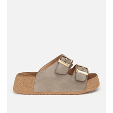 Hotiç 01TEH321650A880 KADIN Deri Haki Toka Detaylı Kalın Tabanlı Düz Terlik