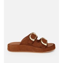 Hotiç 01TEH321640A430 KADIN Süet Deri Taba Gold Tokalı Düz Terlik