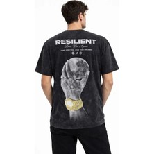 Erkek Asit Yıkamalı Baskılı Tişört Bisiklet Yaka Kısa Kollu Streetwear T-Shirt - Siyah