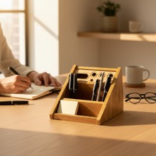 Ahşap Masaüstü Düzenleyici Organizer 3 Bölmeli Eğimli Kare Kalemlik Kahverengi Modern Stil - Montetoys