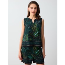 Jimmy Key Koyu Yeşil Keten Karışımlı V Yaka Kolsuz Desenli Dokuma Bluz