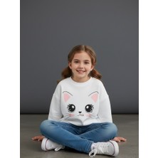 Evavi Kız Çocuk Dil Çıkaran Kedi Baskılı Beyaz Sweatshirt