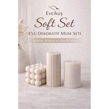 Evcikuş Soft Set 3’lü Dekoratif Mum Seti – Bubble, Ribbed ve Silindir Mum (Orta Boy)