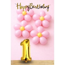 Tedaks Pembe Sarı Papatya Temalı Gold Rakam Gold Happy Birthday Banner Doğum Günü Süsleme
