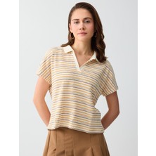 Jimmy Key Kırık Beyaz Polo Yaka Kısa Kollu Pamuklu Çizgili Örme Bluz