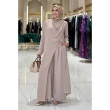 Bym Fashion Tek Omuz Gold Toka Detaylı Tunik Pantolon Takım 8698 Açık Vizon