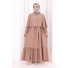 Bym Fashion Güpür Detay Pelerinli Elbise 6079 Somon