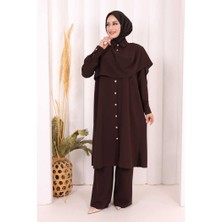Bym Fashion Önü Şal Detaylı Tunik Pantolon Takım 8018 Kahverengi