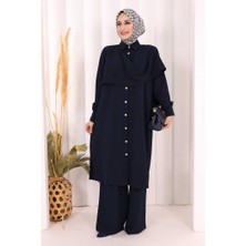 Bym Fashion Önü Şal Detaylı Tunik Pantolon Takım 8018 Lacivert