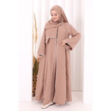 Bym Fashion Dantel Şeritli Abaya Elbise Şal Üçlü Takım 6074 Somon