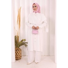 Bym Fashion Önü Şal Detaylı Tunik Pantolon Takım 8018 Ekru