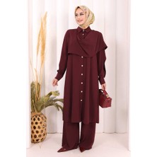 Bym Fashion Önü Şal Detaylı Tunik Pantolon Takım 8018 Mürdüm
