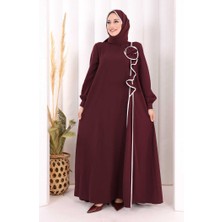 Bym Fashion Gül ve Şerit Detaylı Elbise Şal Hediyeli 6065 Mürdüm