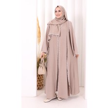 Bym Fashion Dantel Şeritli Abaya Elbise Şal Üçlü Takım 6074 Vizon