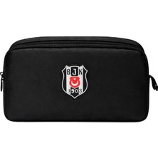 Beşiktaş Lisanslı Rubber Logo Kalemlik - Siyah Su Itici Kumaşlı Çift Bölmeli Kalem Çantası