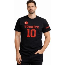 3 Erkek Türkiye Ay Yıldız Baskılı 10 Numara Forma Tişört Taraftar T-Shirt - Siyah