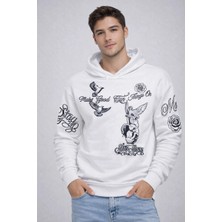 Erkek 3 Iplik Pamuklu Kapüşonlu Baskılı Sweatshirt Hoodie - Beyaz