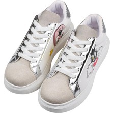 Dogo Kadın Vegan Deri Beyaz Sneakers - Warner Bros Tweety Sylvester Puddy Tat Tasarım